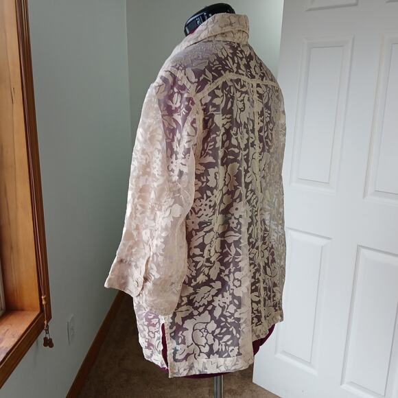 Notations Sheer Tan Floral Mesh Blouse 1X NEEDS REPAIR button down summer cover - Picture 2 of 14